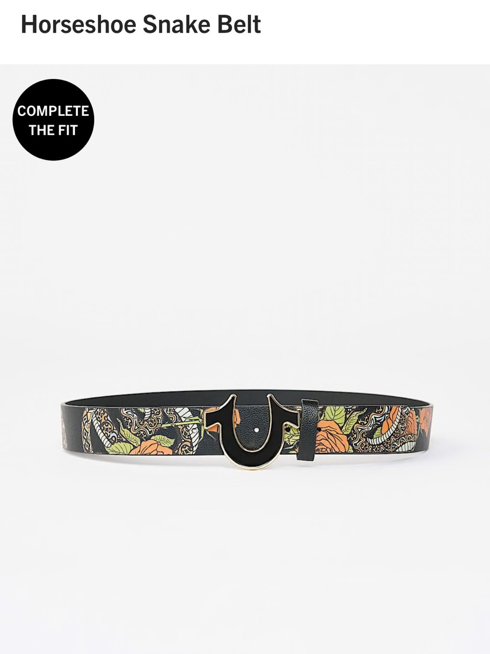 True Religion Black Belt with Orange & Green Snake-Print Horseshoe Buckle